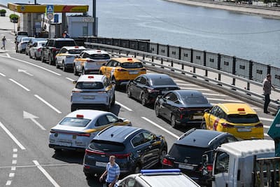 Lines of cars in front of several gas stations in Moscow, Russia, July 3, 2026
