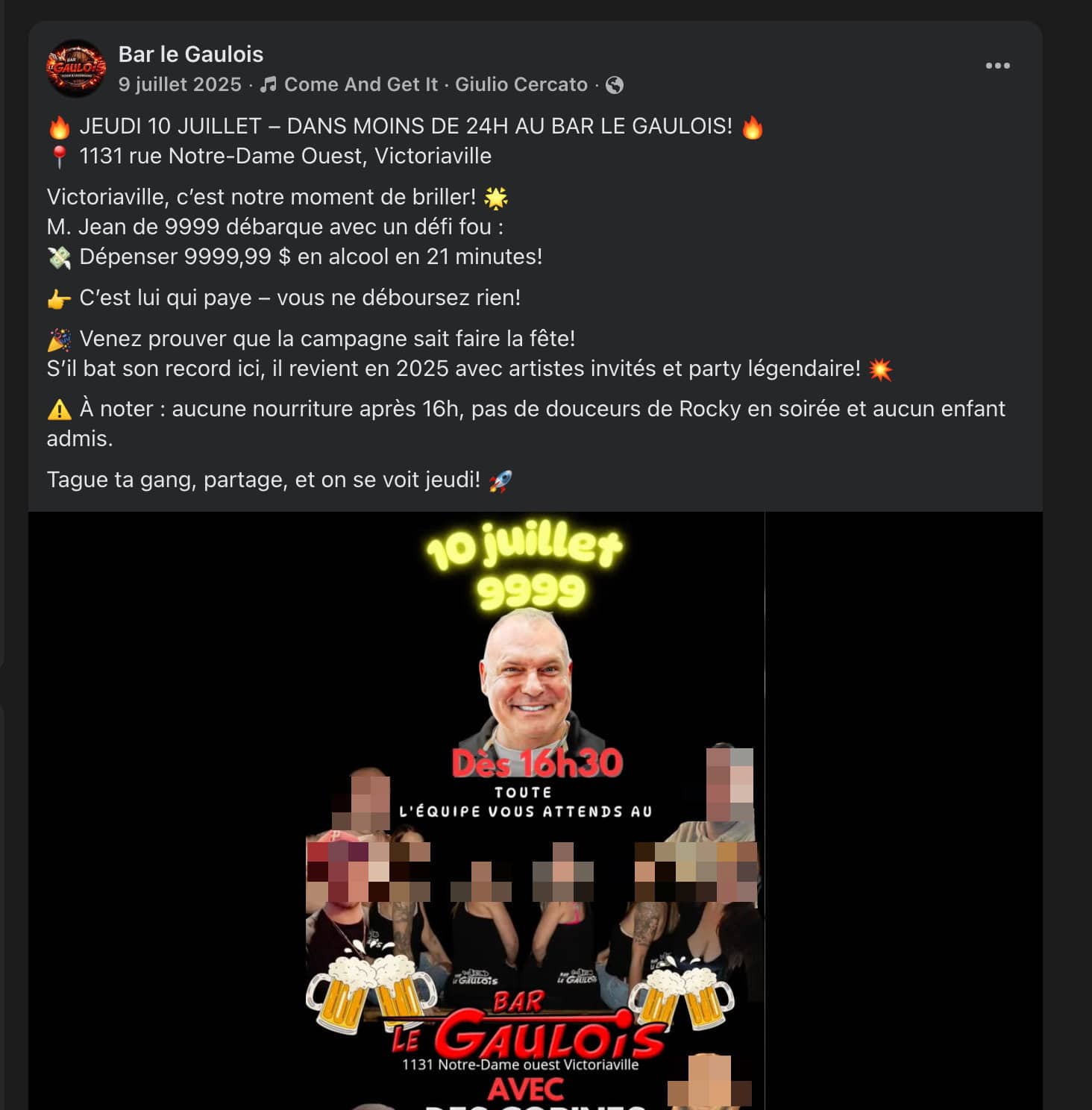 L’une des trois publications Facebook que la Régie a jugé problématiques. Elles visaient à faire la promotion de la venue de M. Lacroix le 10 juillet 2025 dans ce bar de Victoriaville.