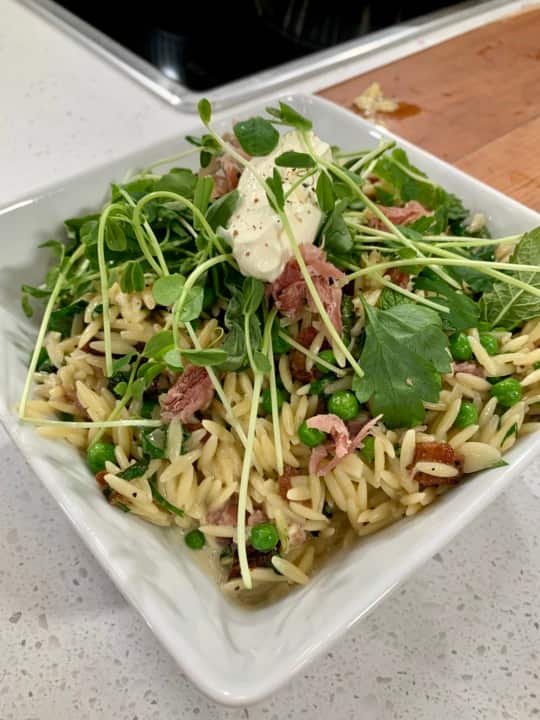 Orzo aux lardons et aux petits pois 