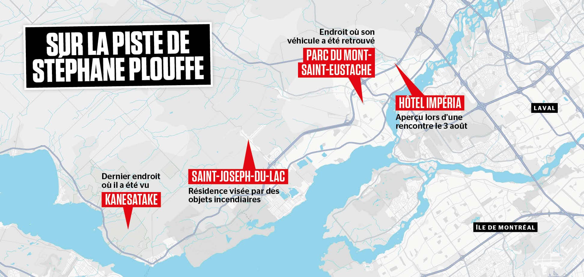 On voit ici plusieurs endroits d’intérêt dans l’enquête policière sur la disparition du Hells Angels Stéphane Plouffe.