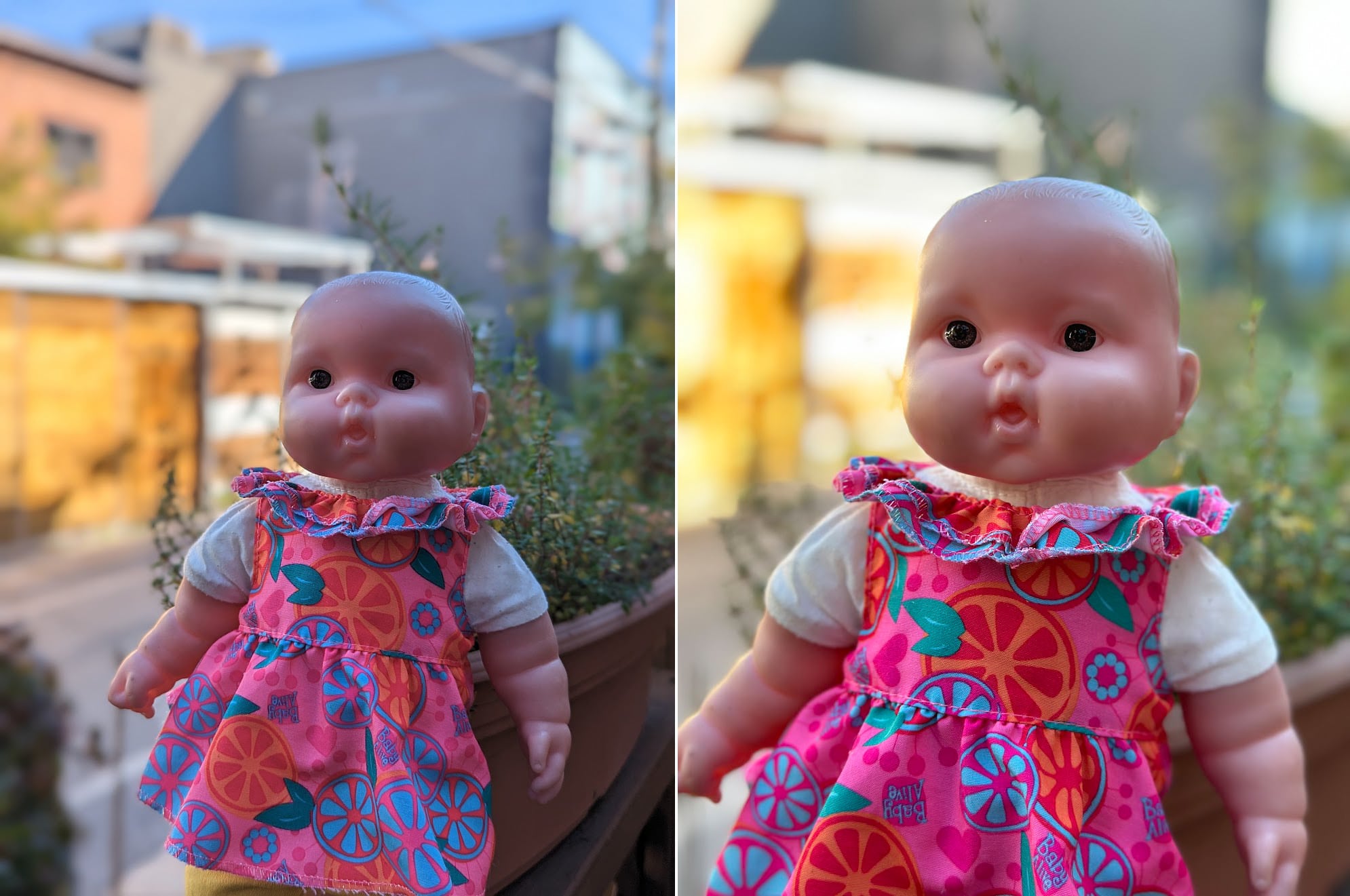 El iPhone 14 Pro (derecha) ha reproducido fielmente el color del vestido de la muñeca aquí. No el Pixel 7 Pro (izquierda).