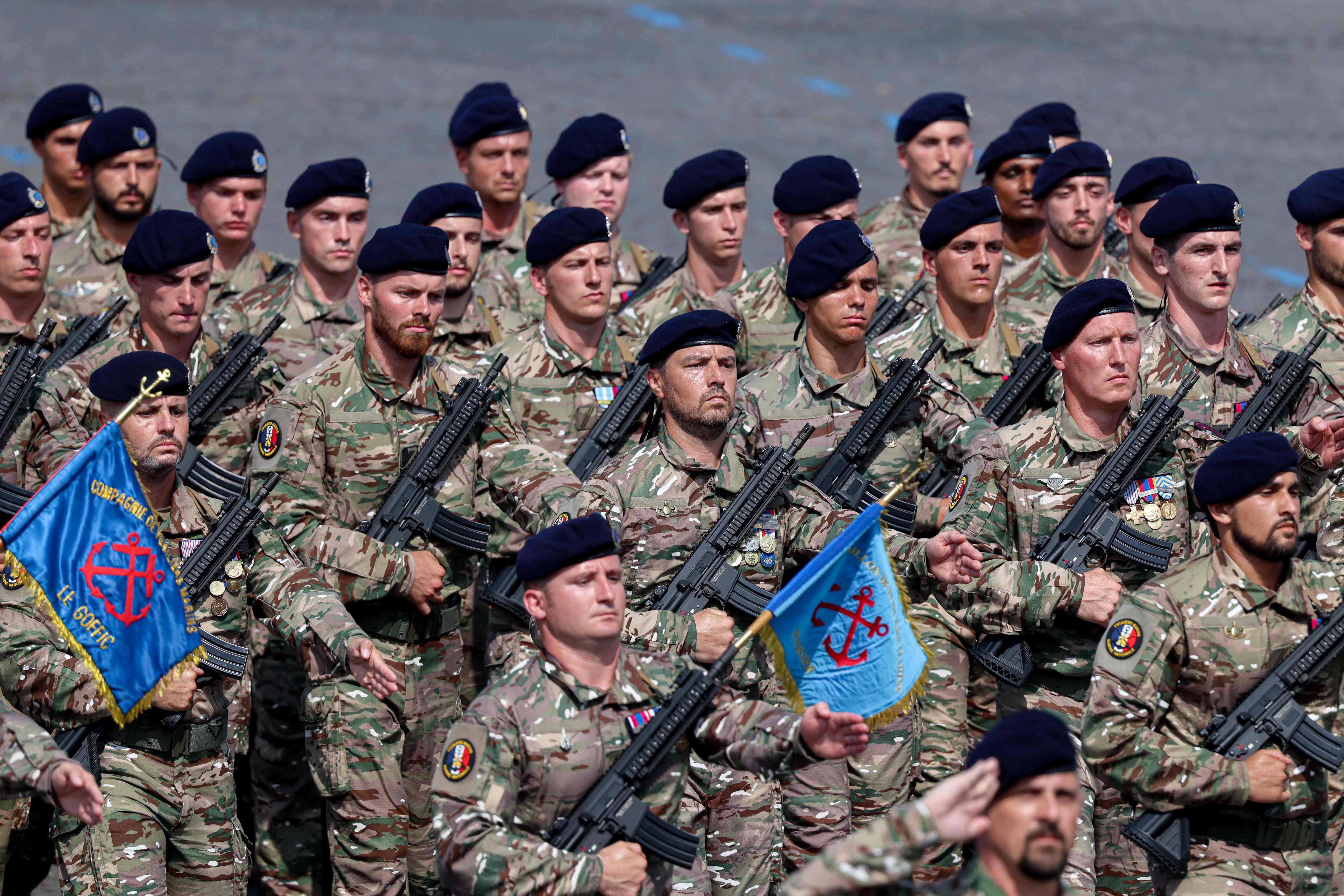 Marines of the French Armed Forces march during the traditional July 14 military parade on the Avenue des Champs-&Eacute;lys&eacute;es in Paris, July 14, 2026.