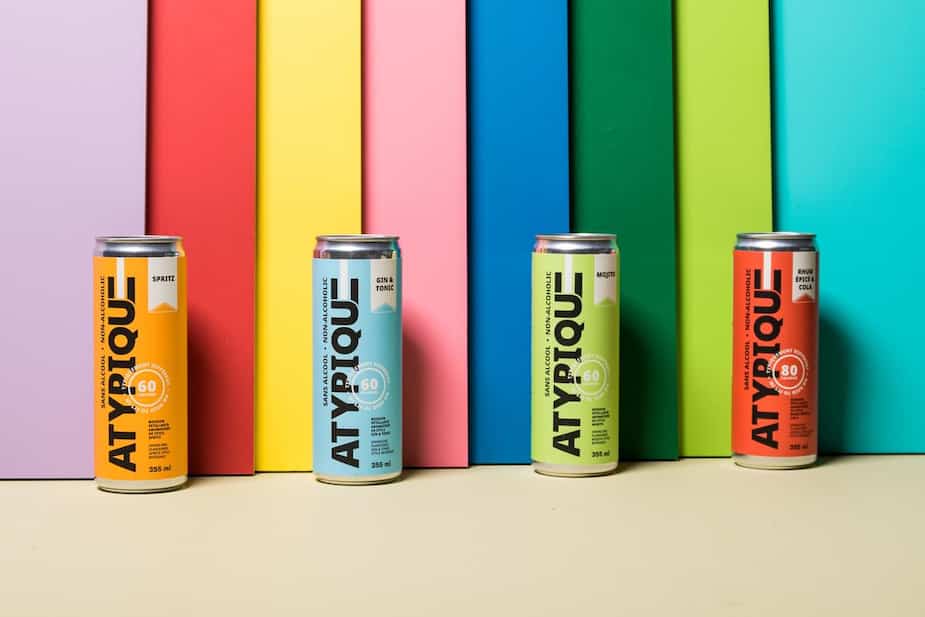 La nouvelle gamme prêt-à-boire Atypique est composé de 4 saveurs soient un spritz, un mojito, un gin tonic et un rhum & coke, tous sans alcool.
