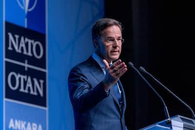 This courtesy photo, taken and released by NATO on July 6, 2026, shows NATO Secretary General Mark Rutte speaking at a pre-summit press conference, on the eve of the 36th NATO Heads of State and Government Summit in Ankara, July 6, 2026. AFP