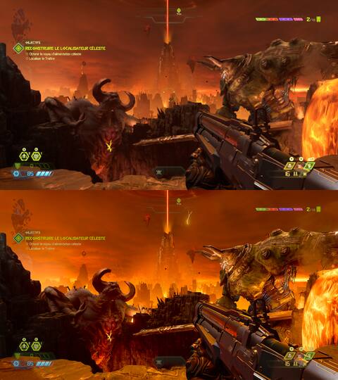 The Doom Eternal game on Xbox One S (top) and the Xbox Series X prototype (bottom)