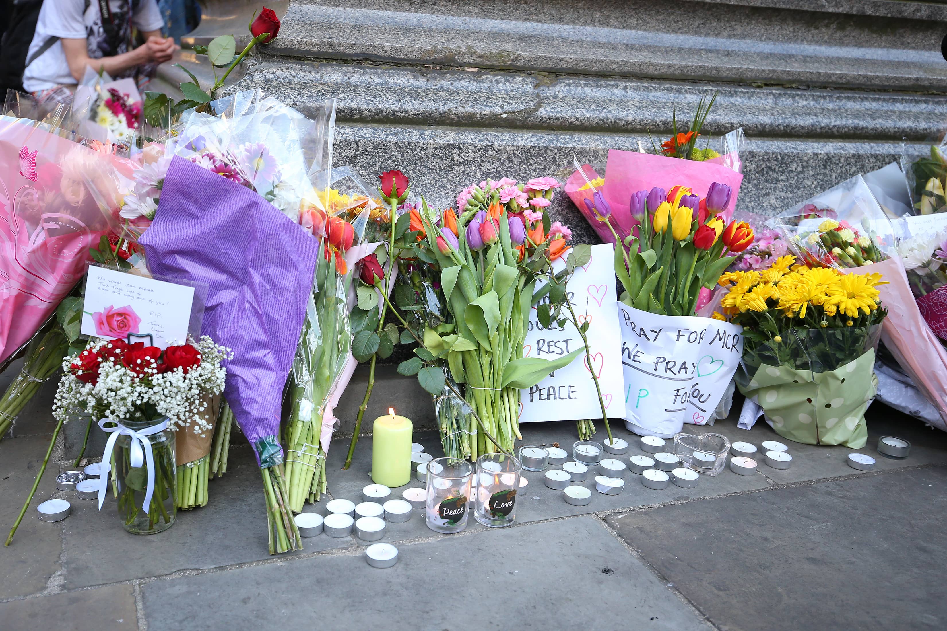 Flowers left outside Manchester Arena the day after the suicide bombing during an Ariana Grande concert in 2017.