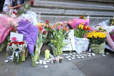 Flowers left outside Manchester Arena the day after the suicide bombing during an Ariana Grande concert in 2017.