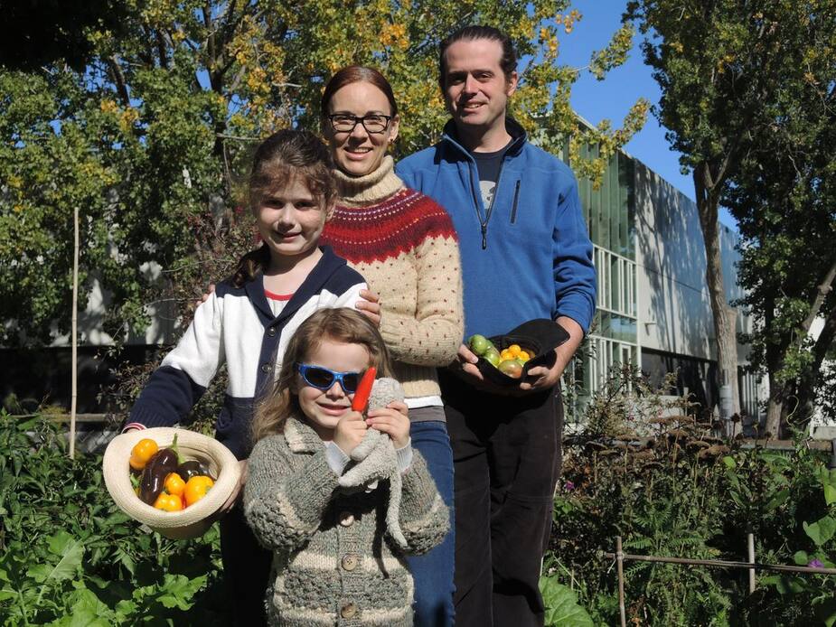La famille Beales a passé beaucoup de temps dans son grand jardin communautaire situé dans l'arrondissement de Verdun, à Montréal. Sur la photo: John Beales, sa conjointe Joanie Moreau et leurs enfants, Benjamin Beales et Emma Beales posent avec une partie de leur récolte de l'été 2020.
PHOTO ALEX PROTEAU/24 HEURES/AGENCE QMI