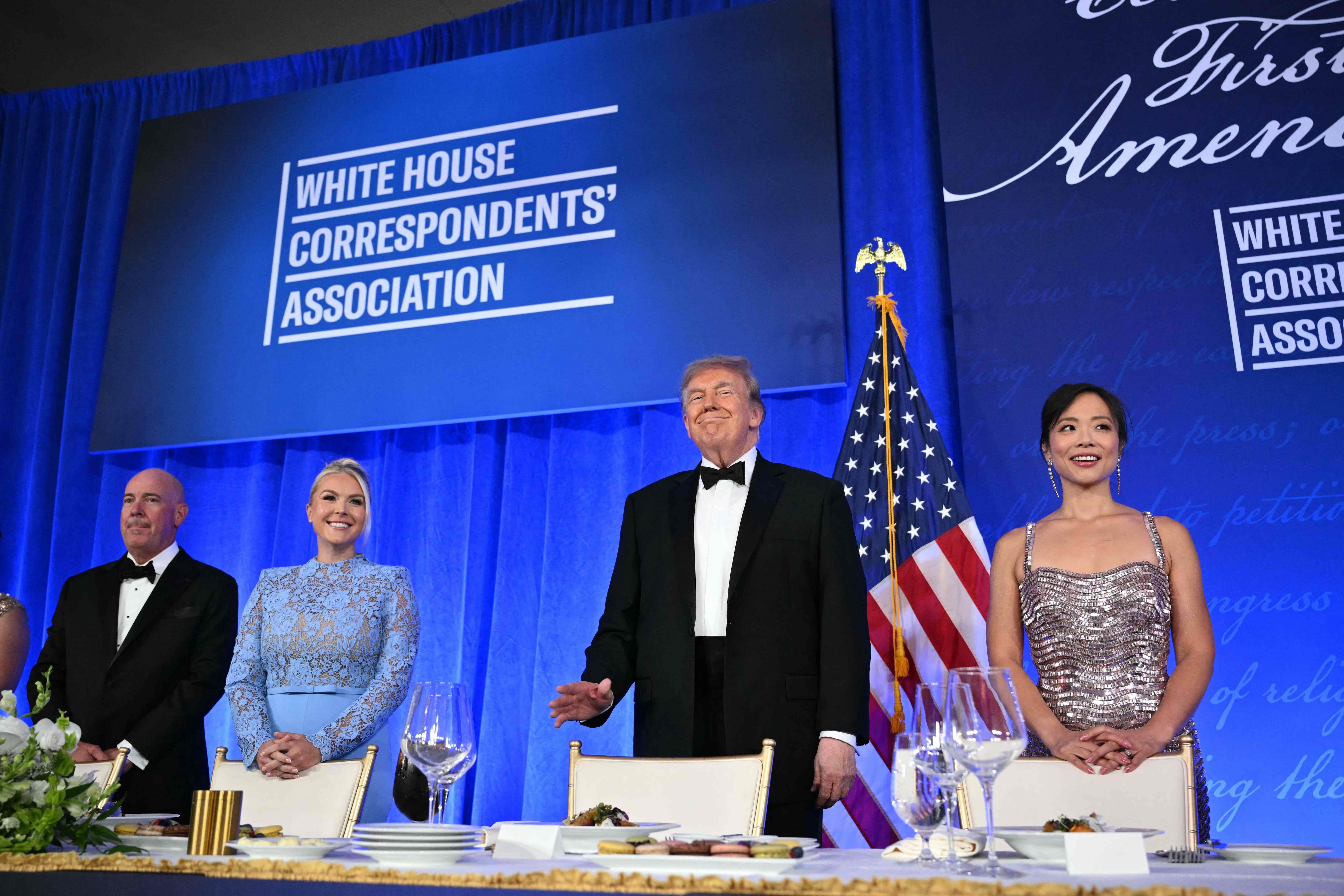 White House Press Secretary Karoline Leavitt and U.S. President Donald Trump attend the 2026 White House Correspondents' Association (WHCA) Dinner at the Waldorf Astoria in Washington, DC, July 24, 2026.