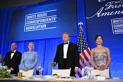 White House Press Secretary Karoline Leavitt and U.S. President Donald Trump attend the 2026 White House Correspondents' Association (WHCA) Dinner at the Waldorf Astoria in Washington, DC, July 24, 2026.
