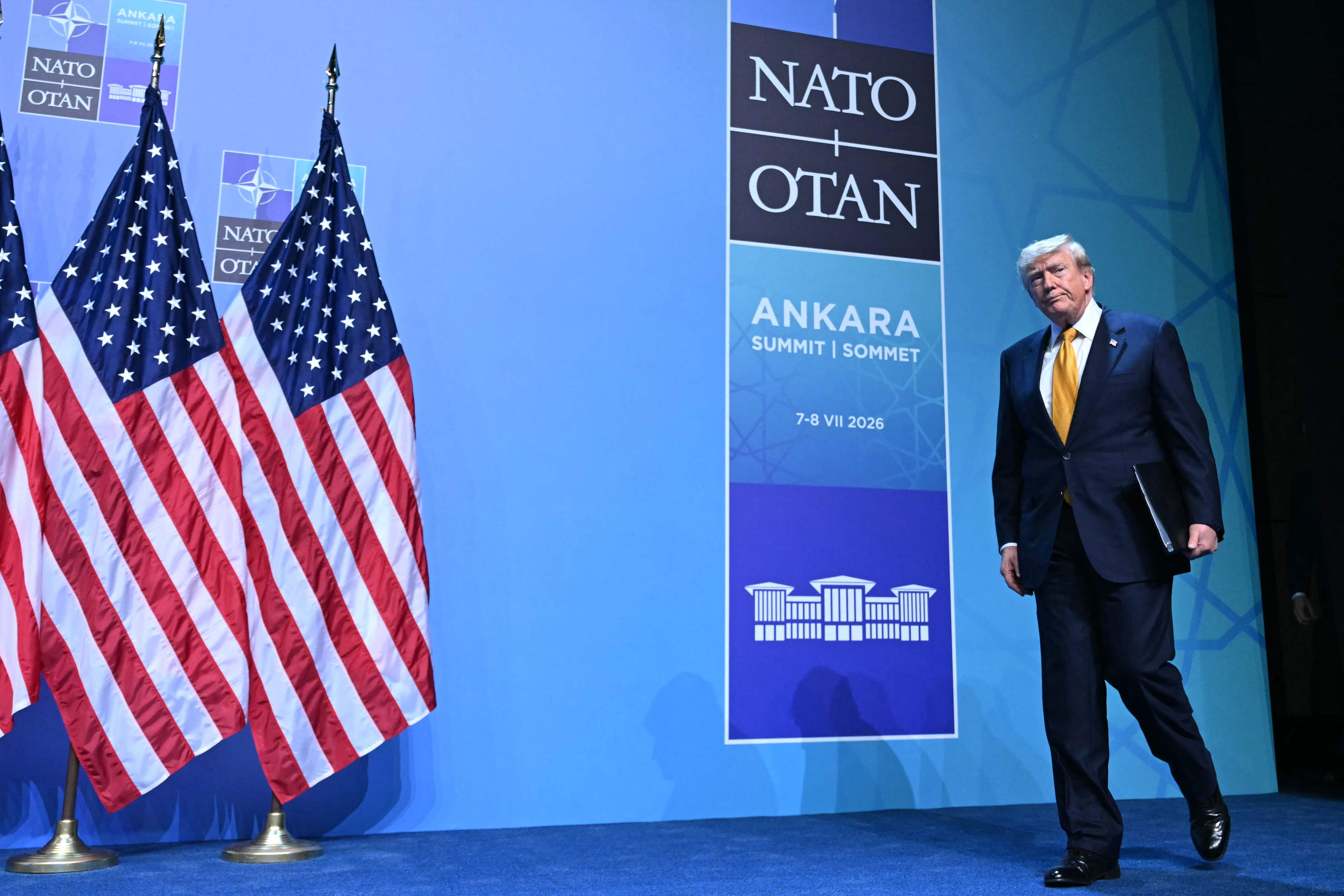 U.S. President Donald Trump arrives to speak to the press during a NATO summit at the Bestepe Presidential Complex in Ankara, July 8, 2026.