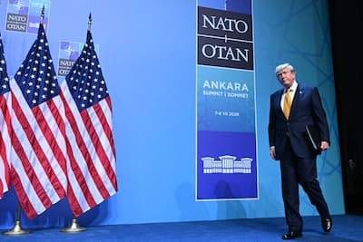 U.S. President Donald Trump arrives to speak to the press during a NATO summit at the Bestepe Presidential Complex in Ankara, July 8, 2026.