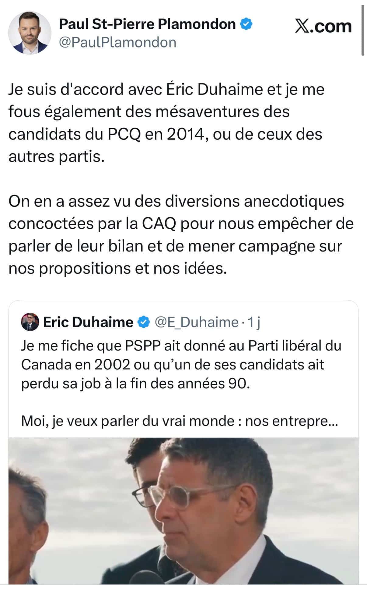 Capture d’écran tirée du compte X du chef du Parti Québécois, Paul St-Pierre Plamondon