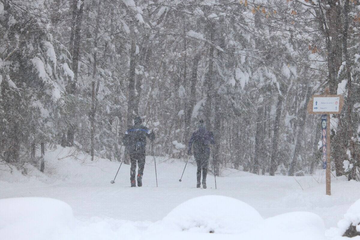 Los visitantes desafiaron la tormenta en el Parc de la Chute-Montmorency, en Quebec, para llegar a los senderos que conducen al puente colgante.