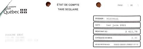 Éric Duhaime doit aussi 2411 $ en taxes scolaires, comme en fait foi ce document de cour.