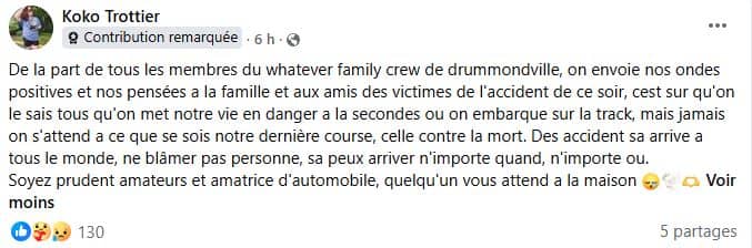 Message écrit sur la page Facebook du circuit Sanair dans les heures qui ont suivi l'accident mortel de vendredi soir, 3 juillet 2026