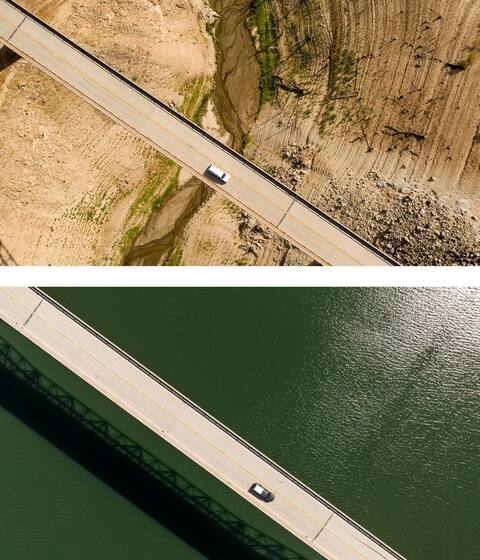 L'Enterprise Bridge, qui surplombe le lac Oroville, en septembre 2021 sur l'image du haut, et en avril 2023 sur l'image du bas.