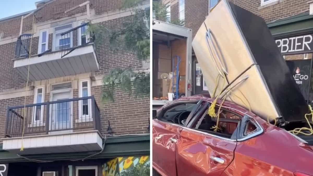 Un réfrigérateur semble être tombé sur une voiture dans Villeray, mais est-ce vraiment le cas?