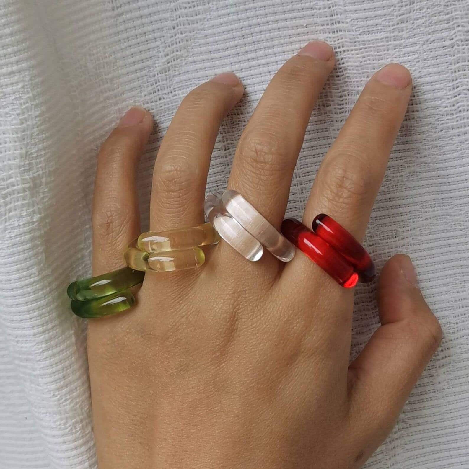 Lot De 4 Bagues En Verre Coloré Pour Femmes - Bijoux Décoratifs Ajustables - Pour Fêtes, Festivals, Cadeau - Couleurs Vives