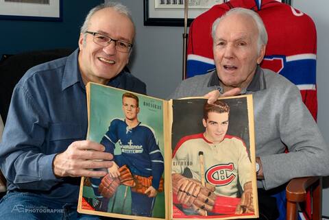 Henri, flanked by Denis, showing off a photo of himself in the Canadian junior uniform. Guy Rousseau, Robert's brother, appears in the other photo in the Frontenac de Québec jersey.