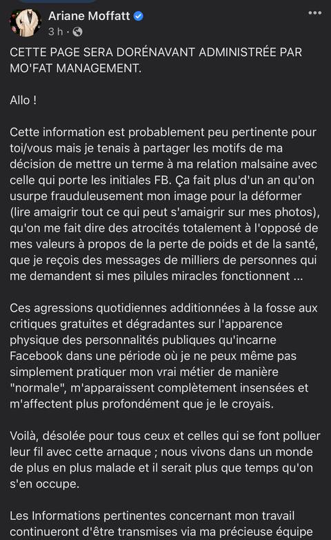 Ariane Moffatt is retiring on Facebook