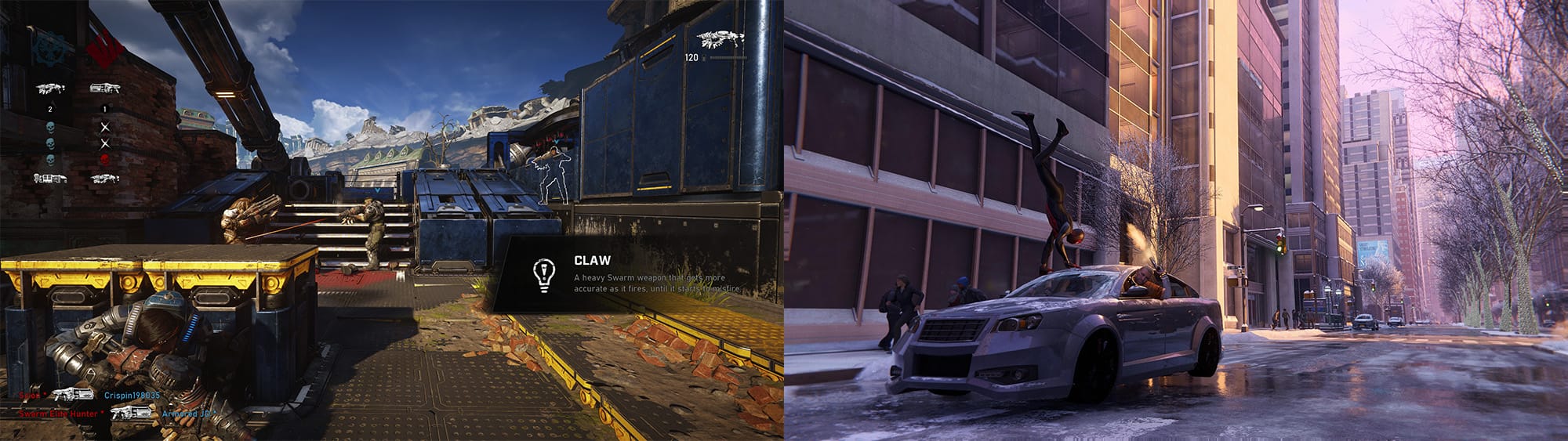 Gears 5 (Xbox Series X, 120 images par seconde) et Spider-Man : Miles Morales (PS5, Mode Fidélité).