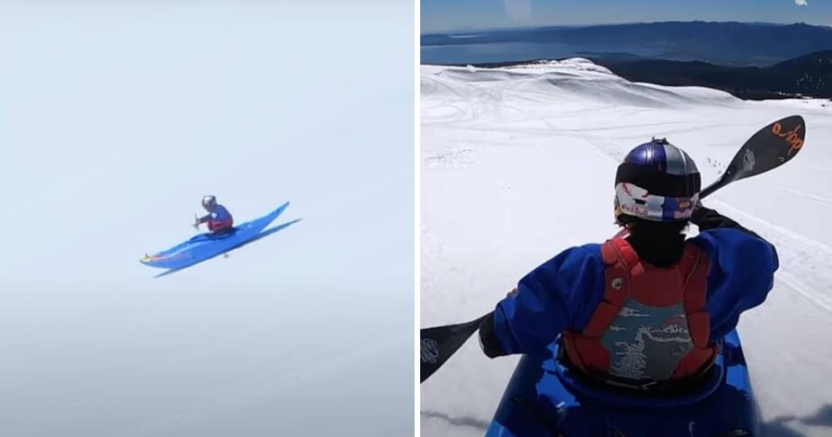Image principale de l'article Il dévale un volcan enneigé à 100 km/h en kayak