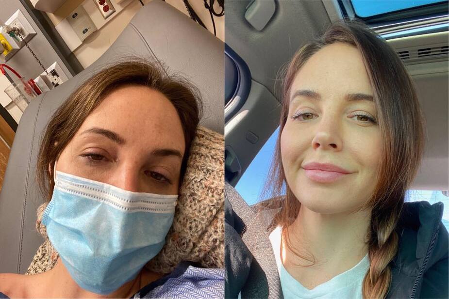 À gauche: Kristelle Mayrand, 18 jours après avoir contracté la COVID-19. À droite: une photo prise maintenant qu'elle va mieux.