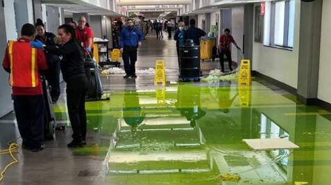 Strange leak: Neon green liquid dripping from ceiling at Miami airport