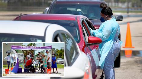 US-MIAMI-DADE-OPENS-NEW-COVID-TESTING-SITES-AS-FLORIDA-SEES-SPIK À Miami, en Floride, des personnes attendaient de passer un test de dépistage de la COVID-19, le 26 juillet 2021. Le comté de Miami-Dade a d’ailleurs ouvert cinq nouveaux sites de vaccination et de dépistage alors que le nombre de cas de COVID-19 grimpe.