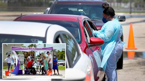 À Miami, en Floride, des personnes attendaient de passer un test de dépistage de la COVID-19, le 26 juillet 2021. Le comté de Miami-Dade a d’ailleurs ouvert cinq nouveaux sites de vaccination et de dépistage alors que le nombre de cas de COVID-19 grimpe.