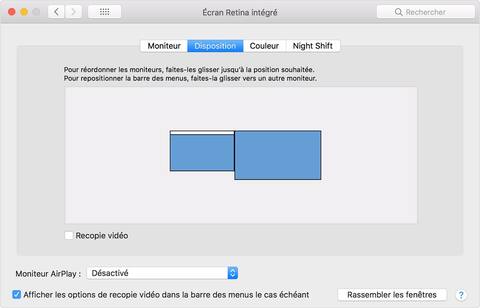 Sous l'onglet Disposition, il suffit de déplacer à sa guise les représentations d'écran avec le curseur de souris, ainsi que la barre de menus en blanc sur l'un ou l'autre des deux écrans
