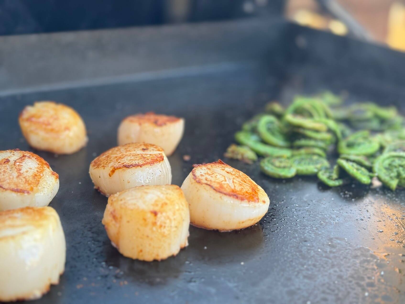 Grâce à sa grande surface de cuisson, une plancha permet de bien caraméliser des pétoncles, sans risquer qu’elles ne braisent dans le jus de cuisson. Ici, j’ai aussi cuit des têtes de violon à feu plus doux en même temps. C’était délicieux.