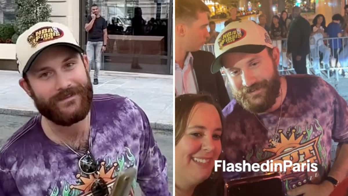 Un peu mal à l’aise, René-Charles Angélil prend des photos avec des ...