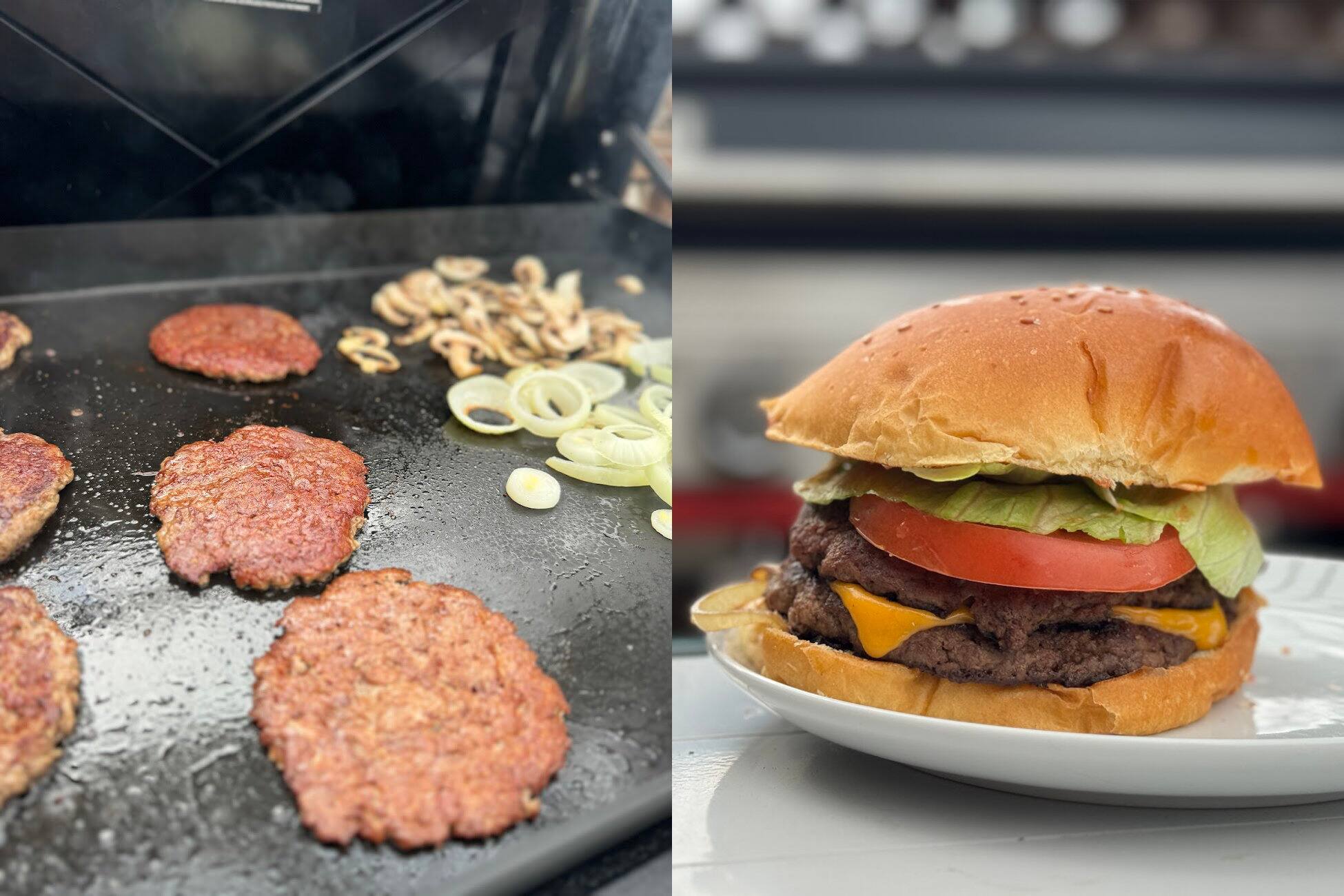 Le hamburger écrasé (smash burger), qu’on écrase fermement sur la plaque chaude, est l’un des classiques à la plancha.