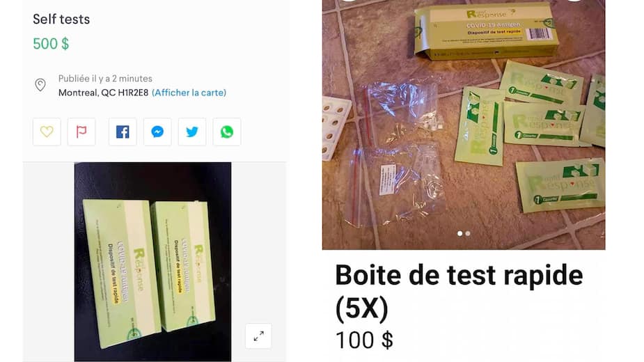 Plusieurs trousses de tests rapides comme celles-ci étaient vendues mardi pour des sommes allant de 10 $ à 500 $ sur des sites de petites annonces publiées au Québec.