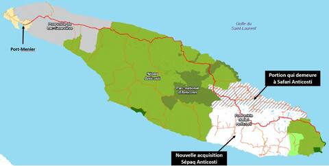 La zone en blanc sur cette carte représente la nouvelle acquisition de Sépaq Anticosti dans le territoire de Safari Anticosti.