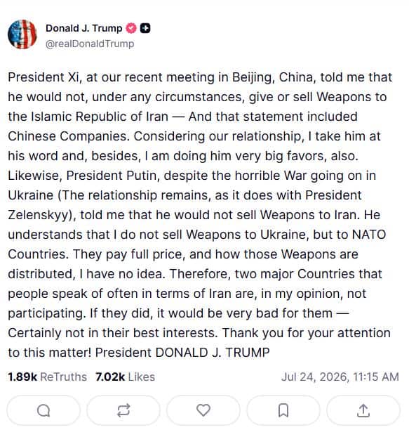 Screenshot from Truth Social, July 24, 2026