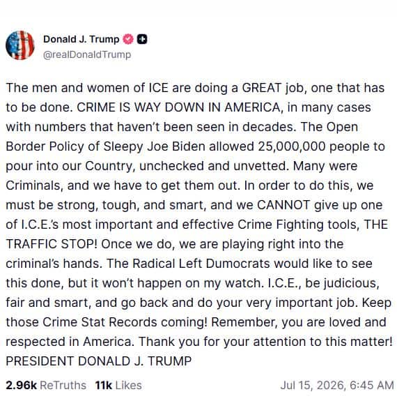 Screenshot of Donald Trump's post on Truth Social, July 15, 2026.