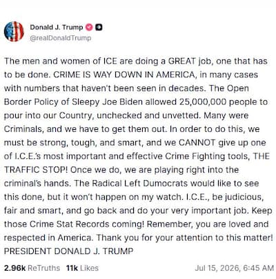Screenshot of Donald Trump's post on Truth Social, July 15, 2026.